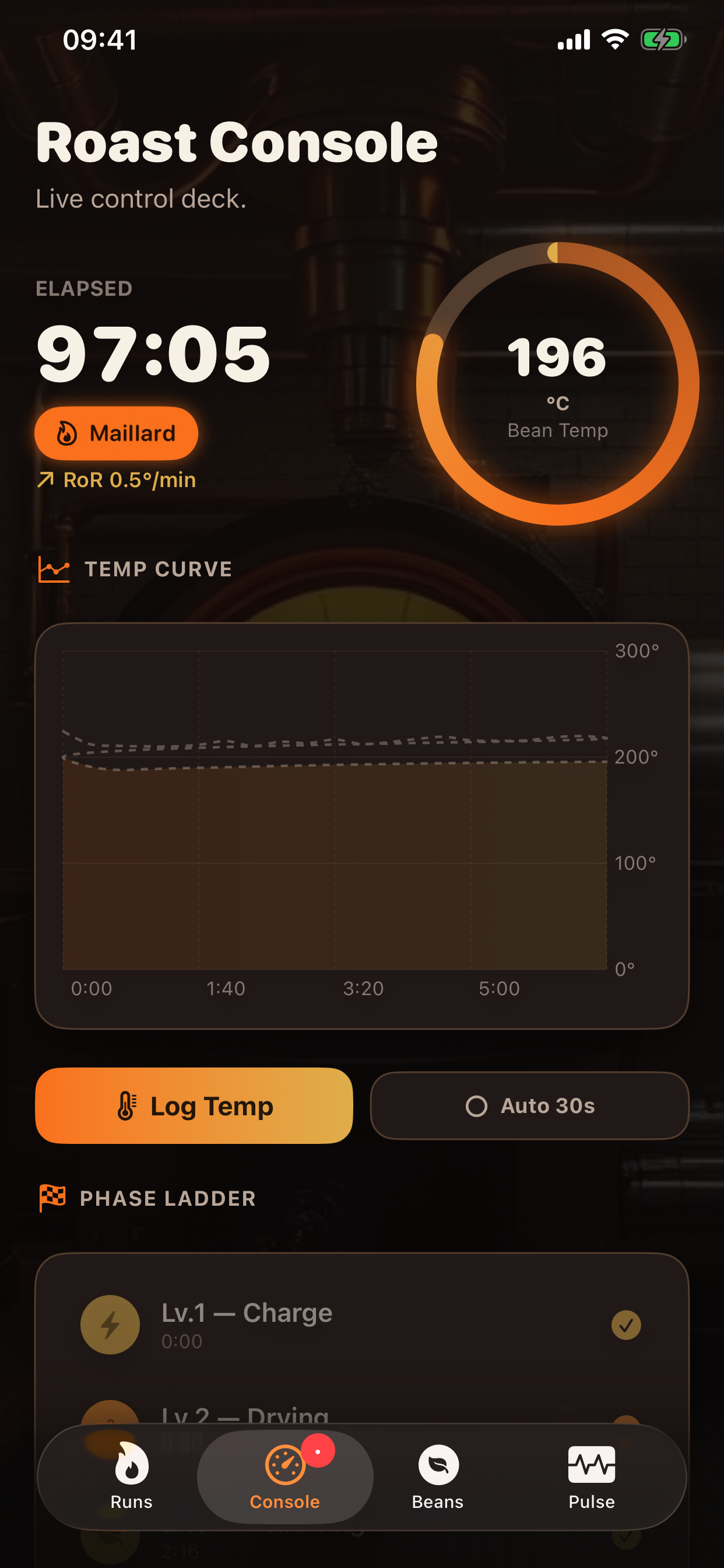 Roast Console with live temperature curve